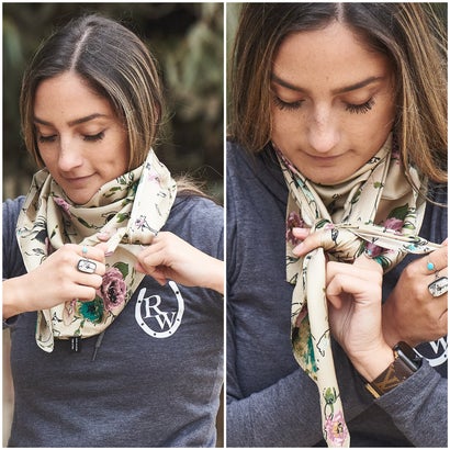 Girl showing how-to tie wild rag to complete buckaroo knot